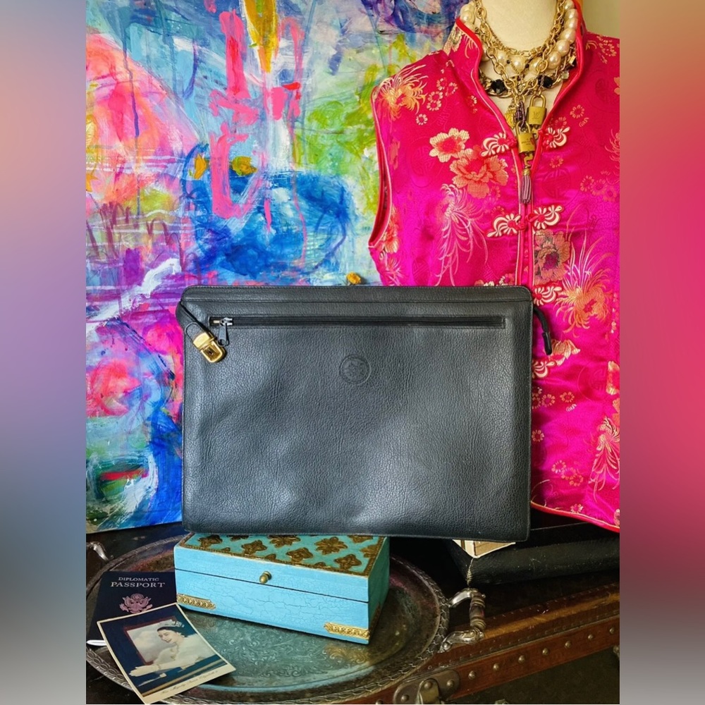 Auth RARE Vintage GUCCI Black Leather Brief Tote Briefcase Case Portfolio GG
